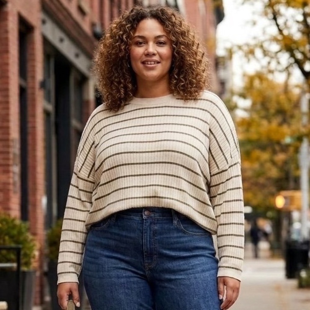 Madewell Womens 3X Striped Ribbed Sweater Cotton Hemp Silk Beige Gray Boxy